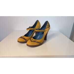 Marc Jacobs Saffron Yellow Suede Mary Jane Pony Hair Leopard Trim Pumps Sz 8,5